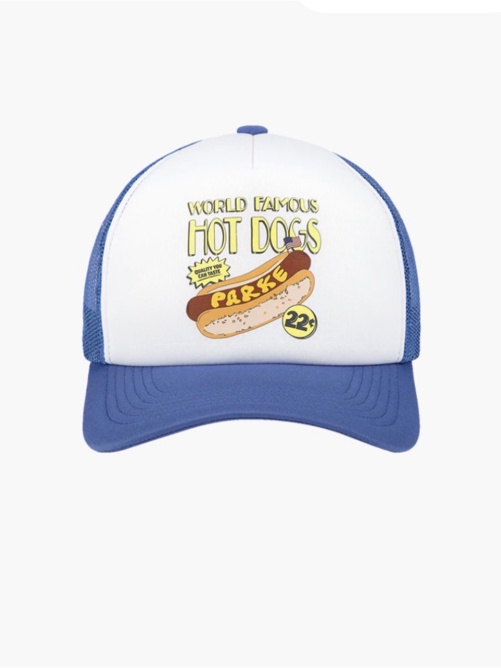 PARKE Sold Out Hot Dog Trucker Hat Blue World Famous Cap NWT